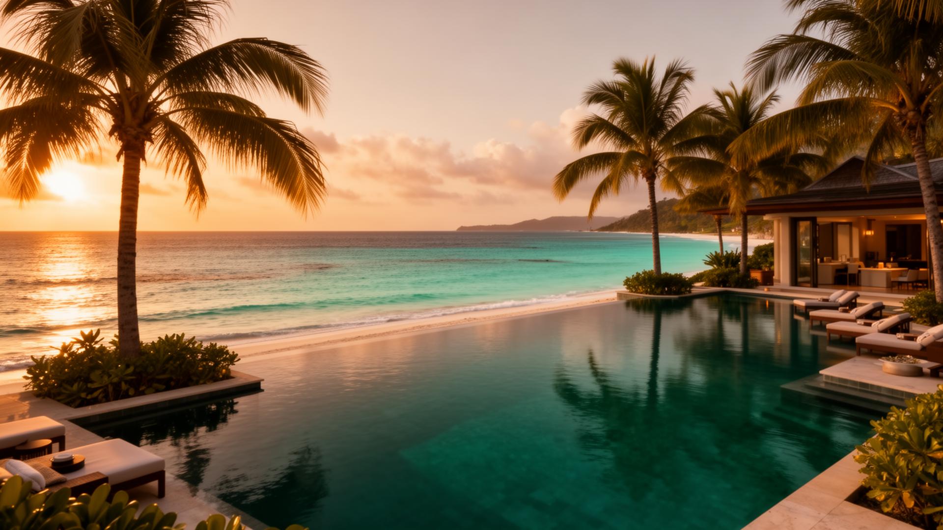 Luxury beachfront resort with infinity pool at golden hour